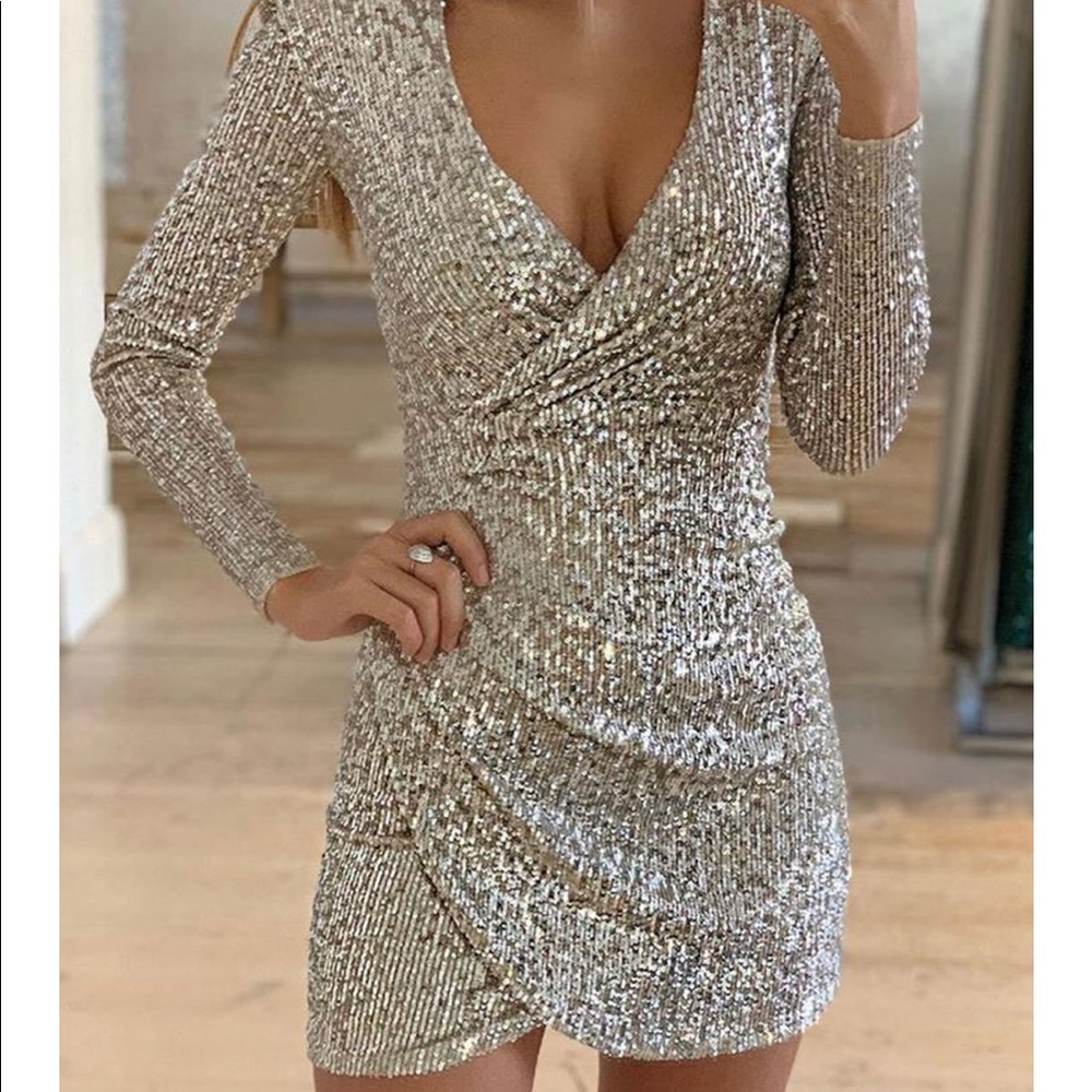 V Neck Sequin Wrap Mini Dress